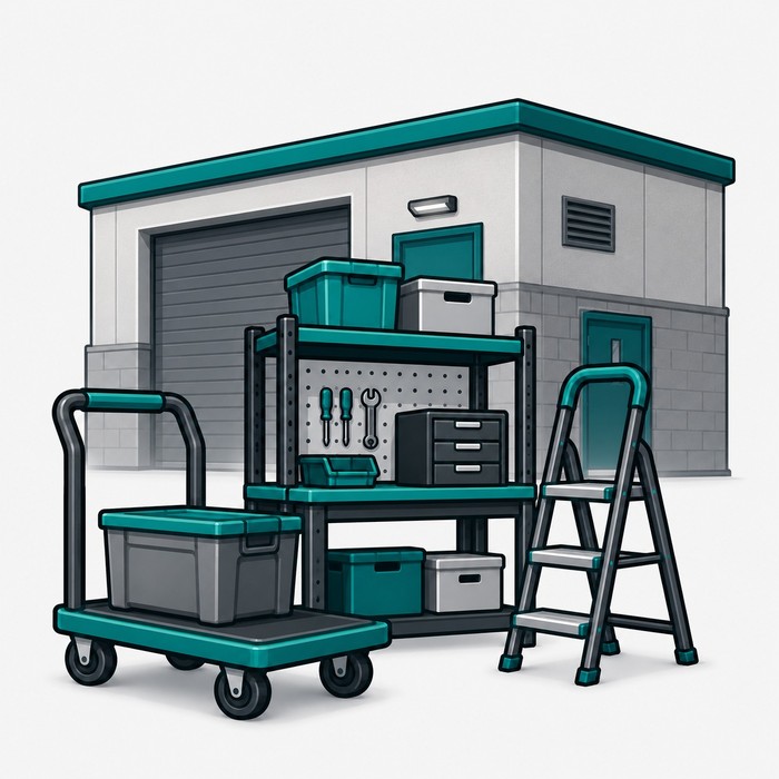 Stockrooms workshops and backrooms warehouse equipment icon