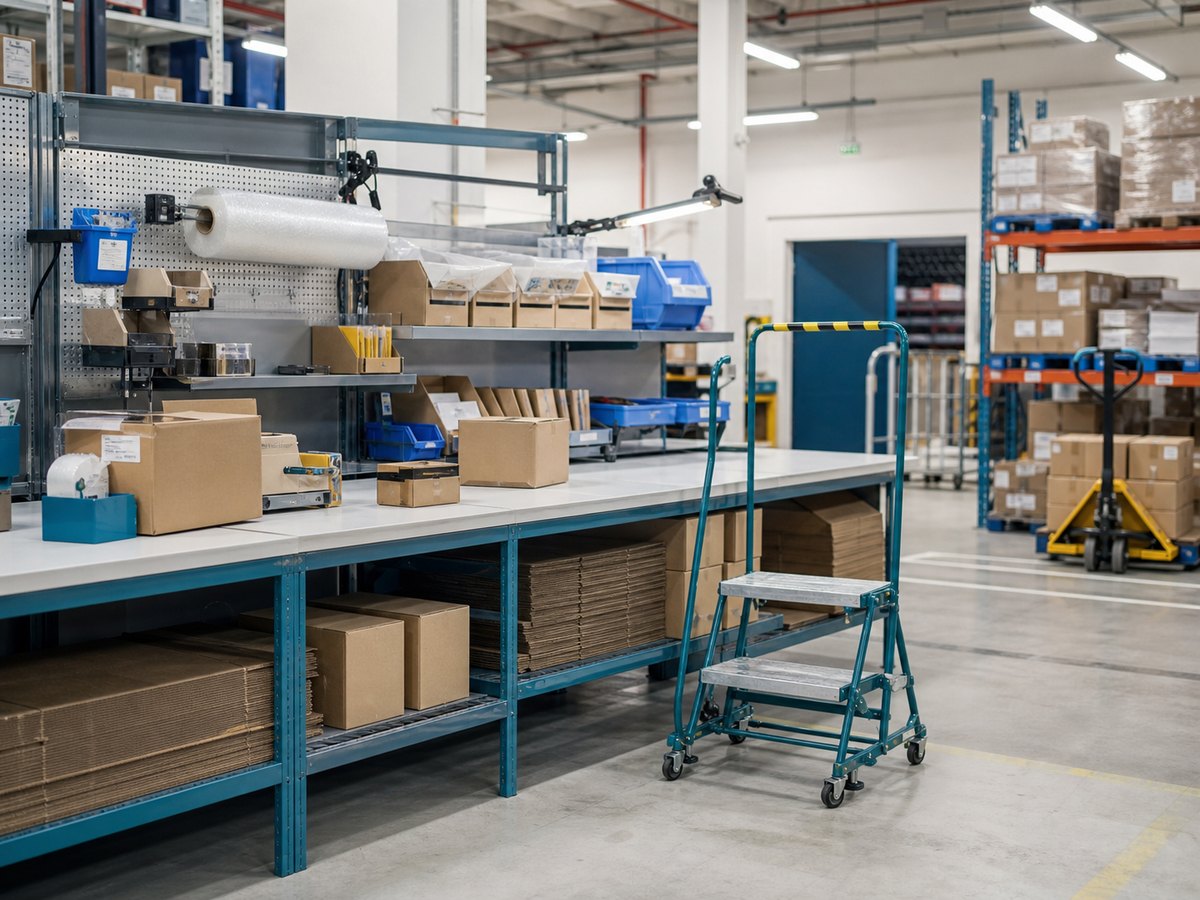 Singapore warehouse packing workstation with workbench and mobile access steps
