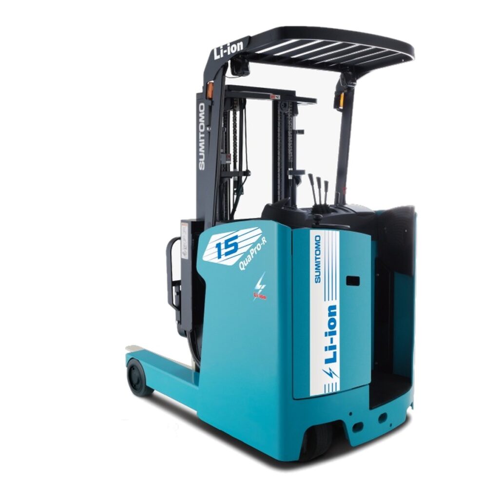 Sumitomo QuaPro-R electric reach forklift on white background