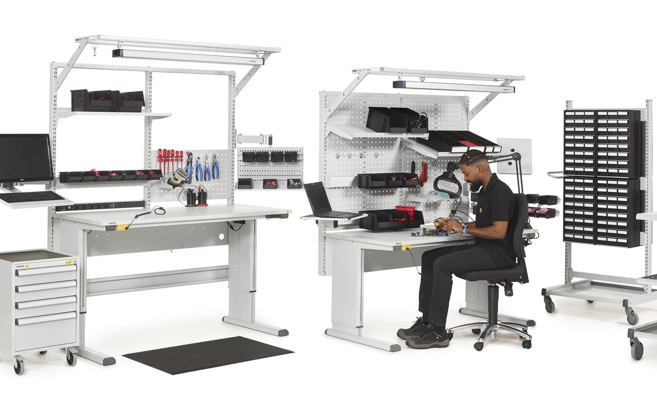 Treston electronics and ESD workstation with tools, bins, lighting and operator support