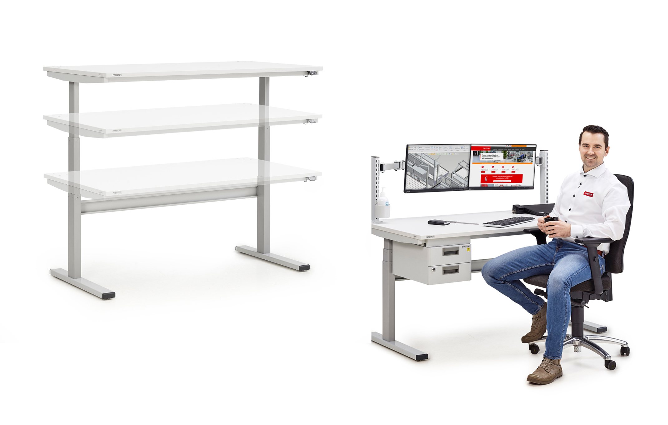 Treston office and light industrial desk workstation with monitor arms and seated operator
