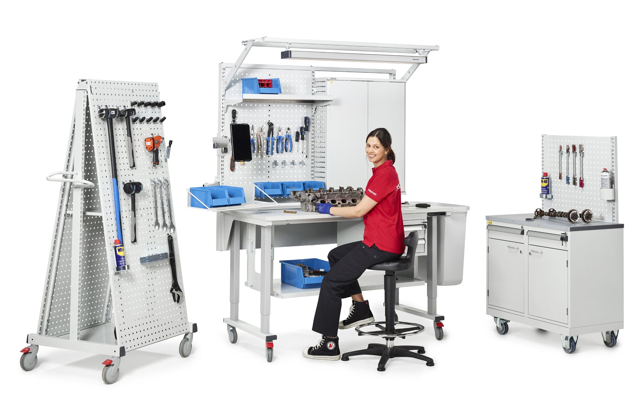 Treston garage and workshop workstation with tool panels, drawer storage and mobile tool support