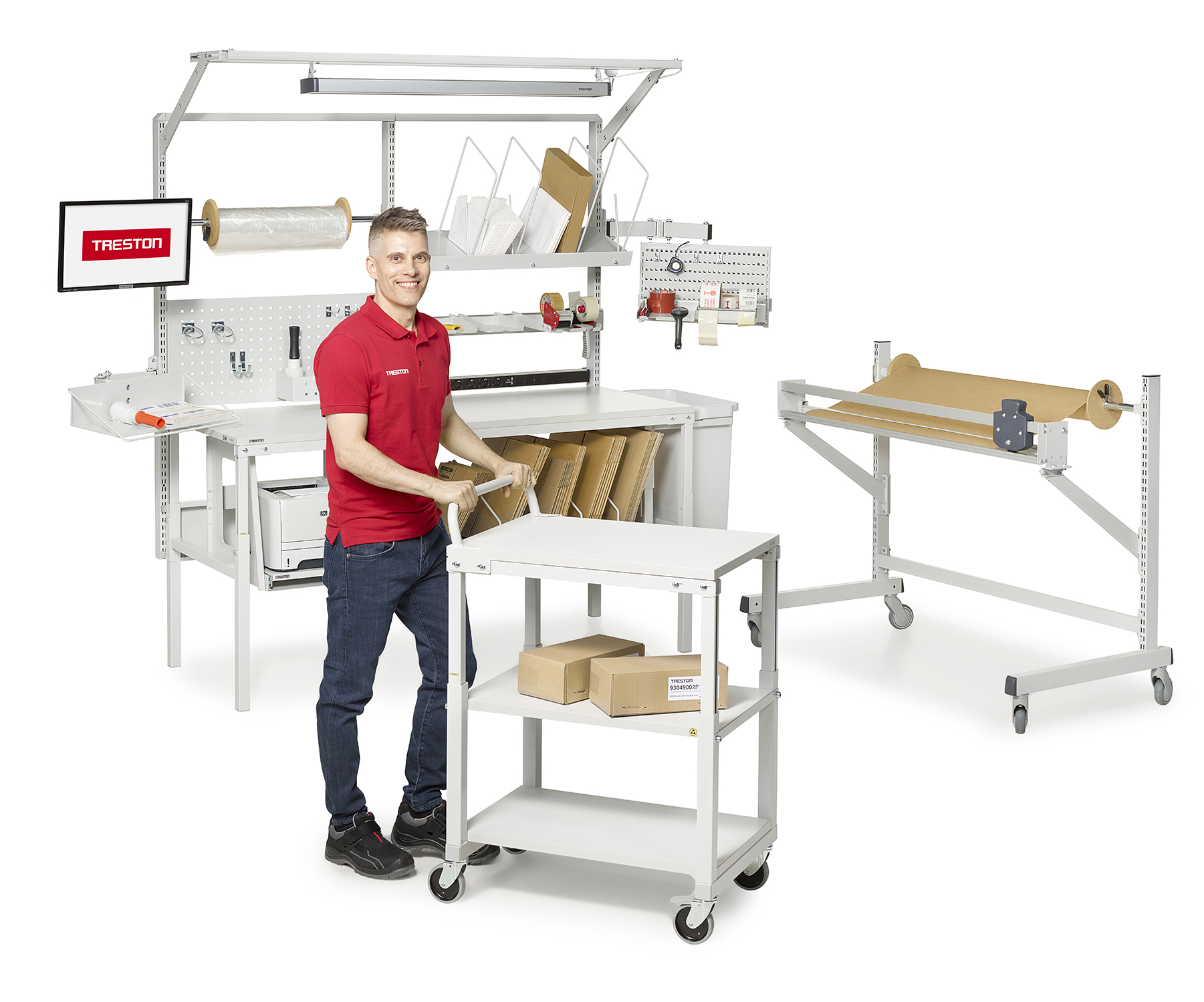 Treston packing bench with trolleys and packing accessories