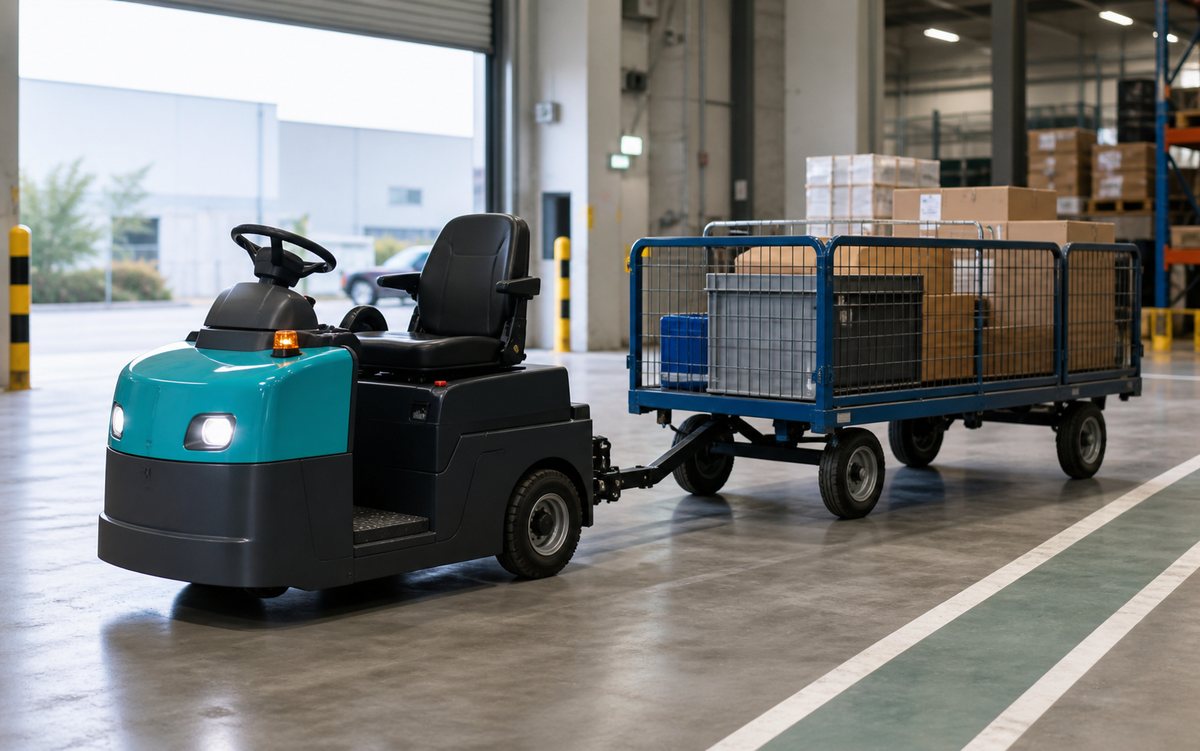 Realistic electric tow tug moving warehouse carts for YKTOH category browsing