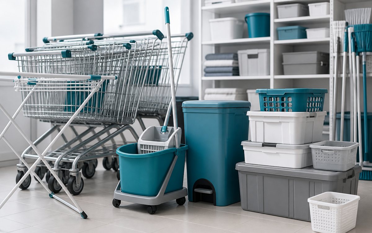 Realistic commercial laundry and shopping trolley supplies for YKTOH category browsing