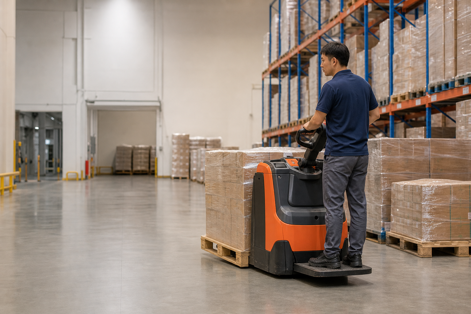 Electric pallet truck travelling through a warehouse storage aisle