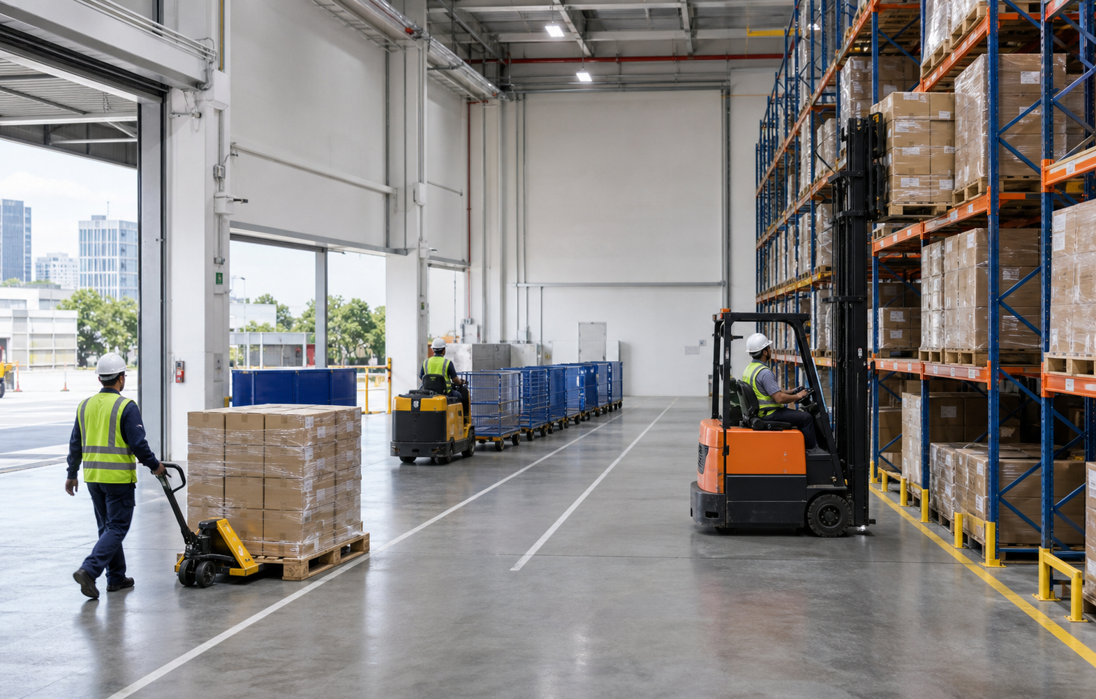 Warehouse comparison scene showing electric tug, pallet truck and forklift handling routes