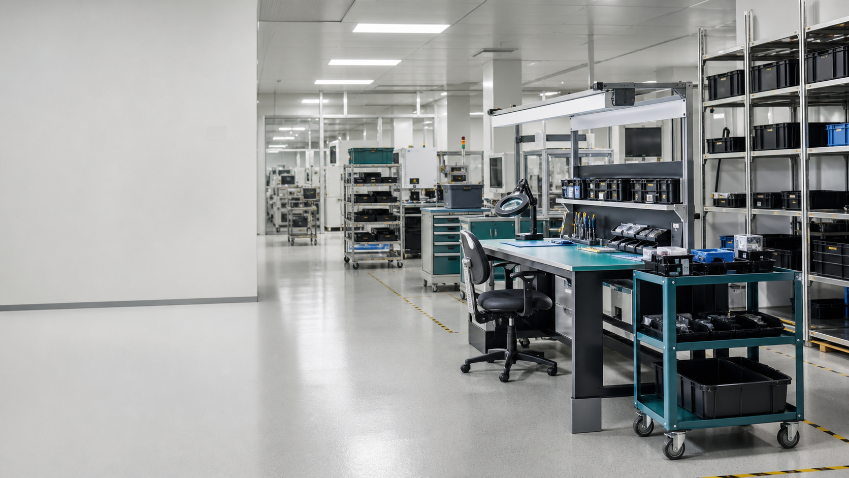 Clean electronics manufacturing support area with workbench, totes, storage and material flow equipment.