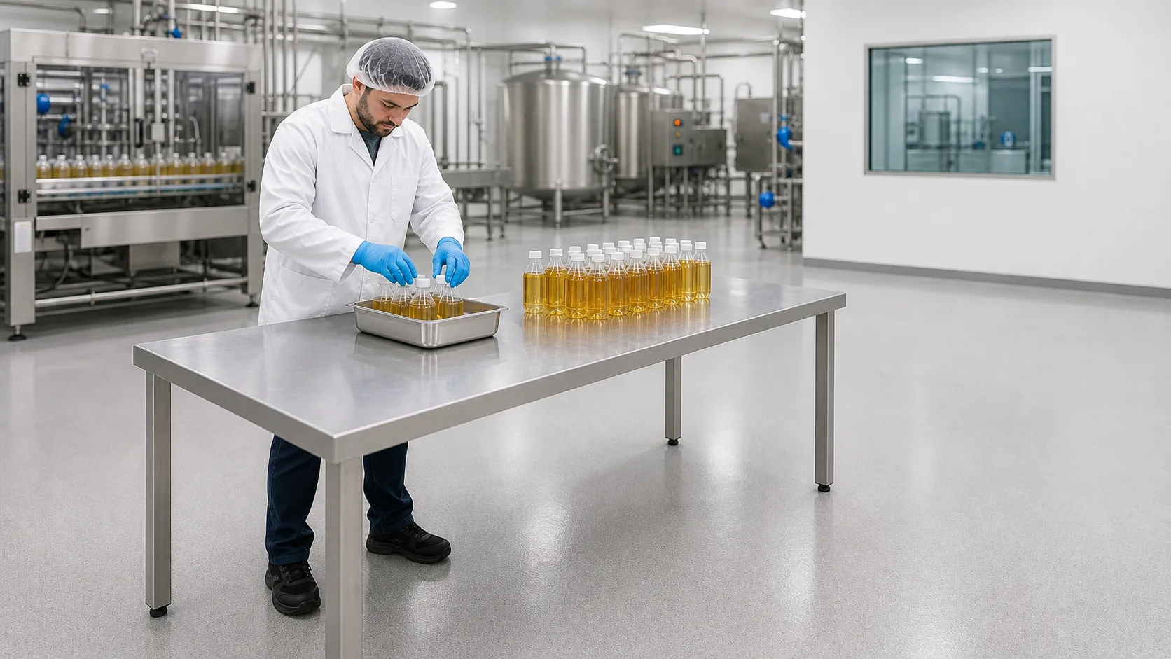 Food and beverage manufacturing support area with an open flat stainless worktable and clear operator-side access.