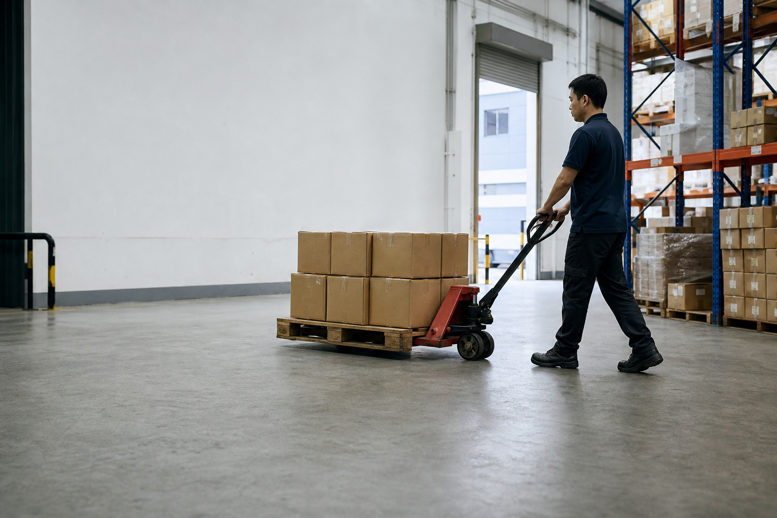 Manual pallet truck moving palletised goods in a warehouse aisle