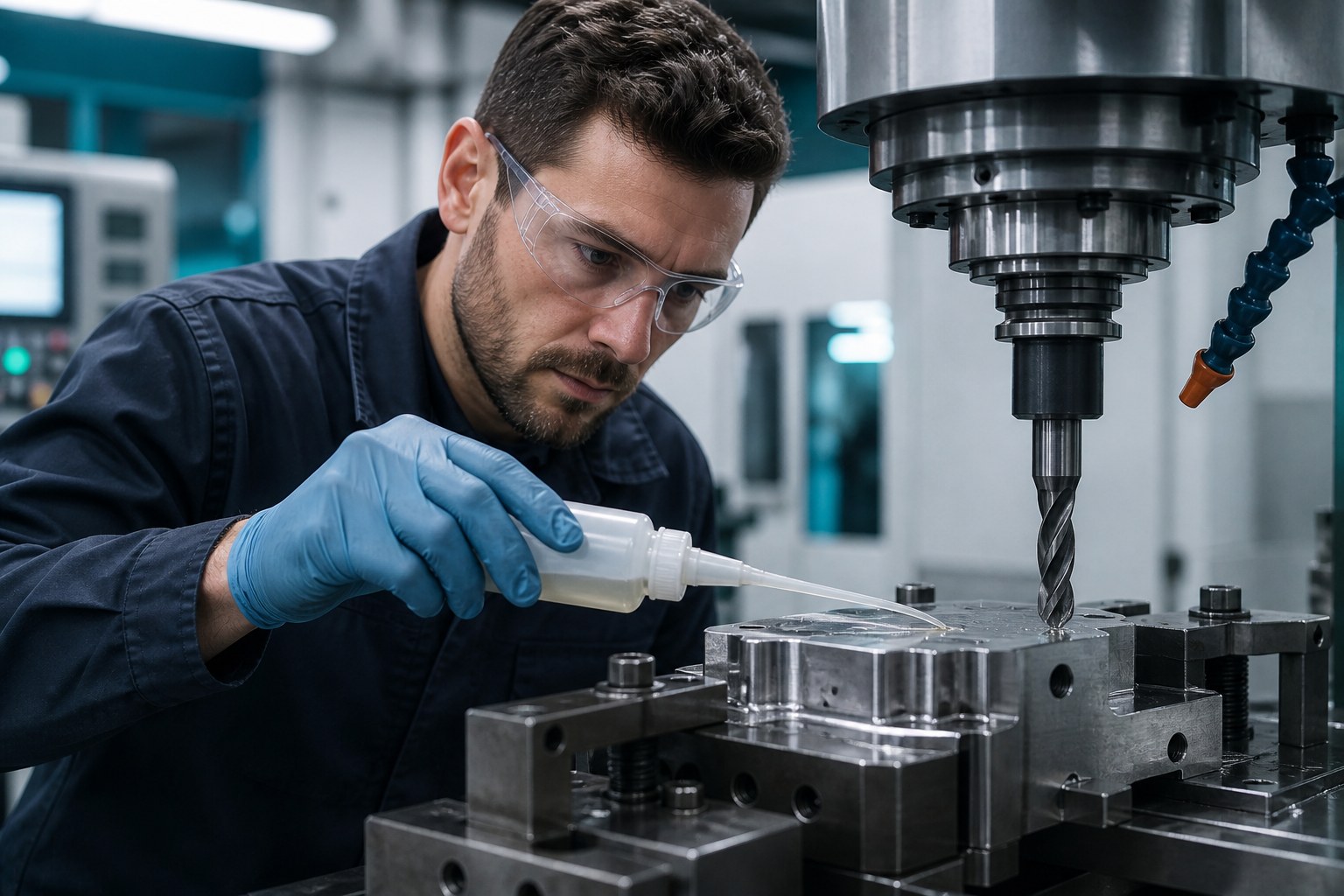 Technician applying metalworking fluid to a machined part during CNC milling for MRO support