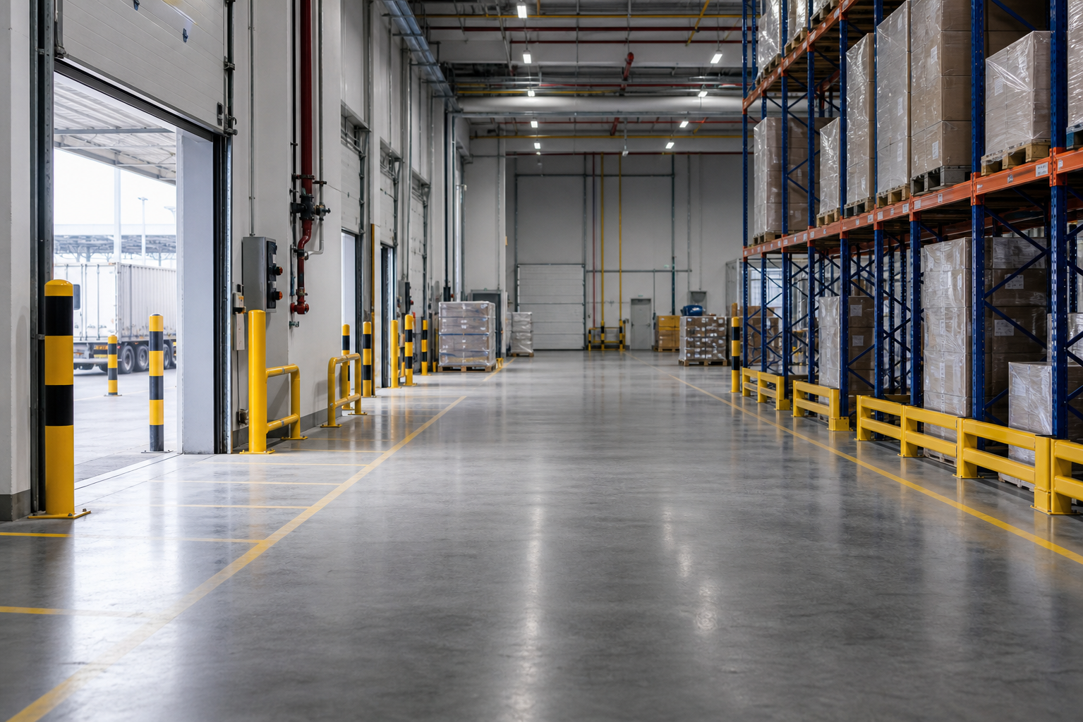 Warehouse aisle with rack protection, bollards and traffic barrier protection points