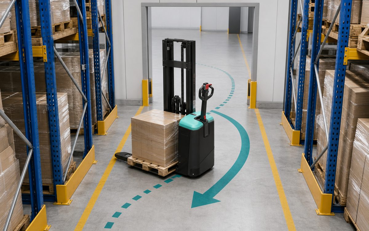 Warehouse equipment turning through a narrow aisle and doorway route