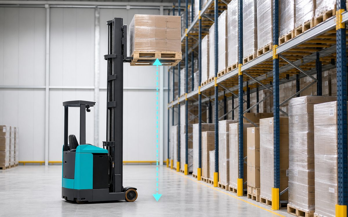 Warehouse stacker lifting a pallet to rack height