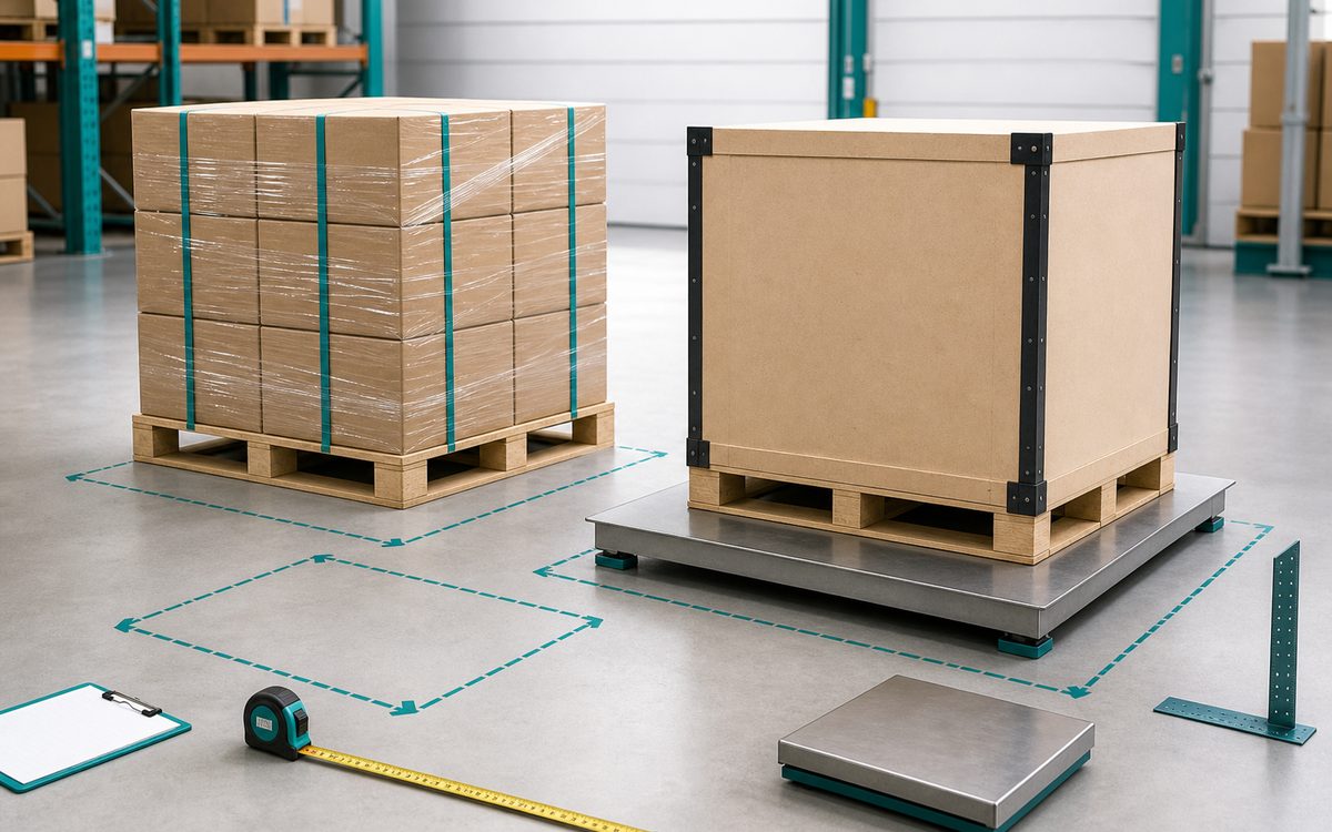 Warehouse pallet loads with measuring tape and dimension checks