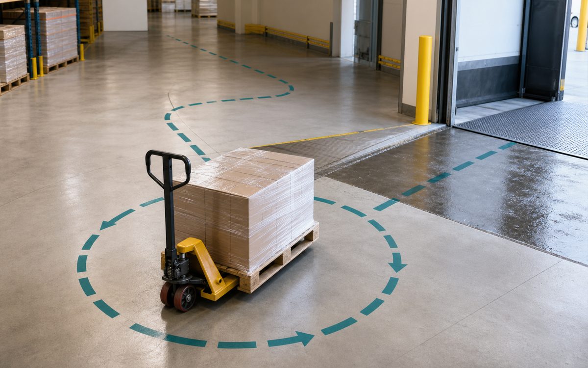 Pallet truck route across warehouse floor, ramp and loading bay surface