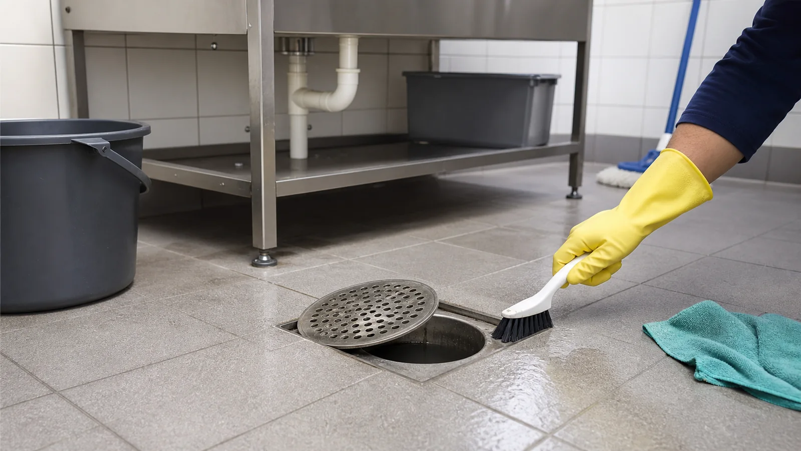 Floor drain cleaning and maintenance scene for PYE drain and cleaner applications