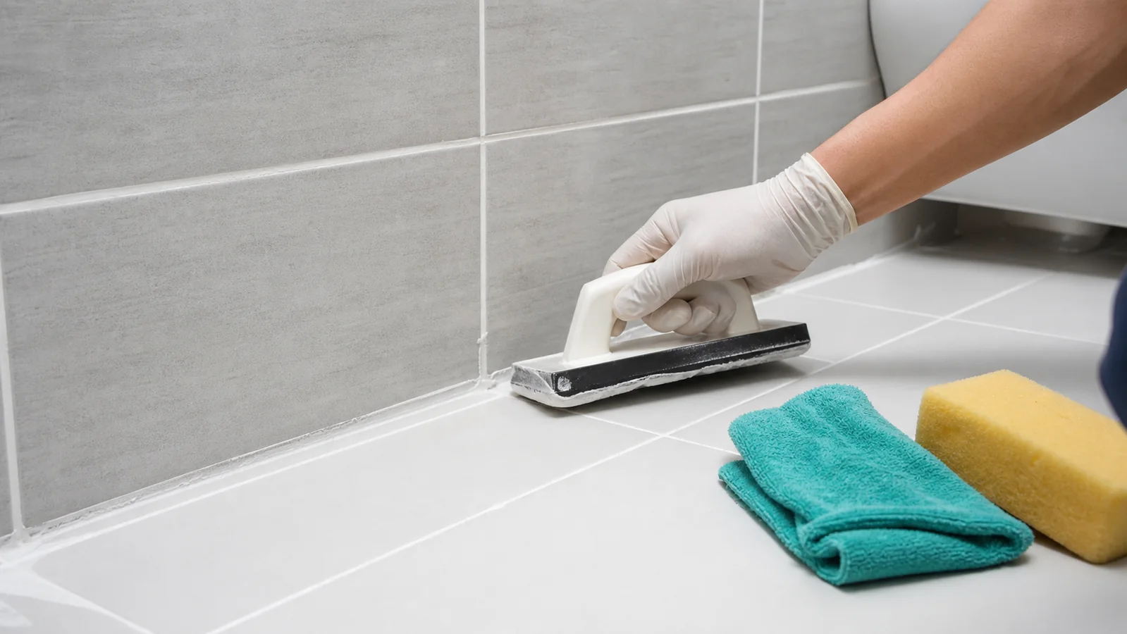 Tile grout being applied between ceramic tiles for PYE grout and tiling product applications