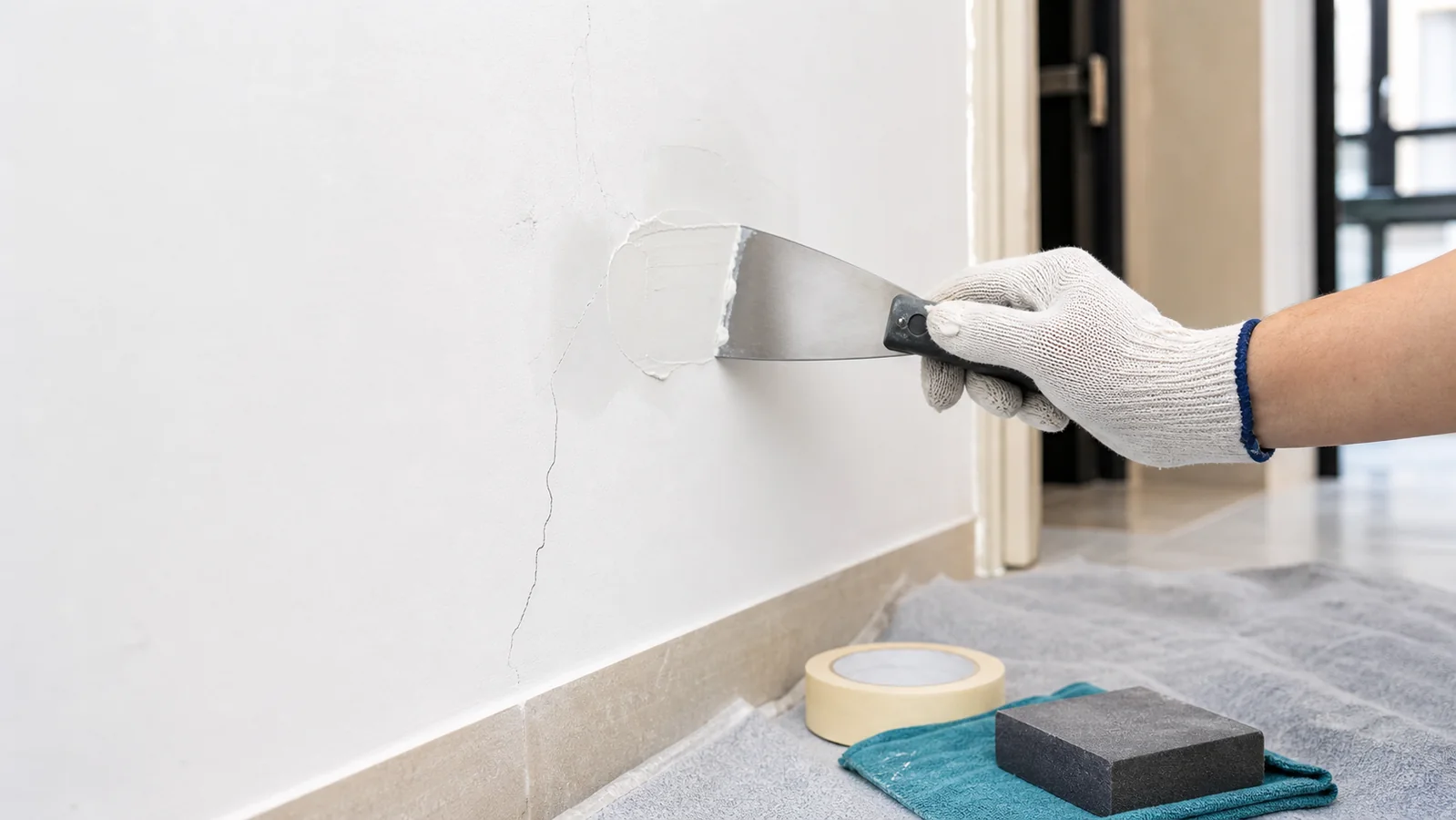 Wall crack being repaired with filler for PYE powder filla and wall filla applications