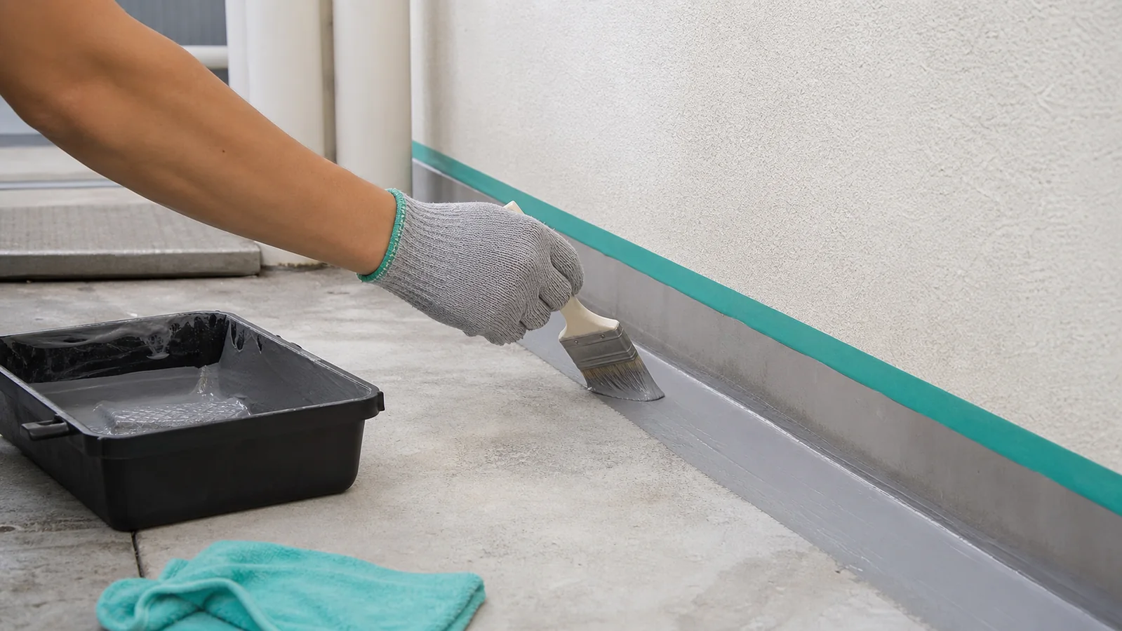Floor wall joint waterproofing application for PYE aqua plug and water seal routes