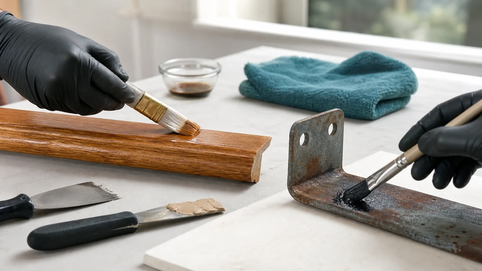 Wood varnish and rust converter repair work for PYE wood and metal repair products